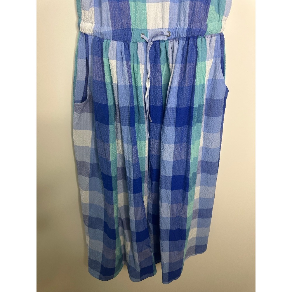 NWT LOFT Seersucker Blue Plaid Cutout Back Dress Midi Pocket Small Brunch Picnic - Picture 5 of 16